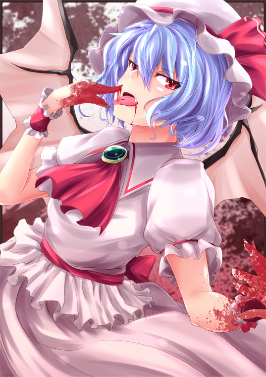 ascot bat_wings blood bloody_hands blue_hair fang hat kichihachi licking looking_at_viewer open_mouth red_eyes remilia_scarlet short_hair solo tongue tongue_out touhou vampire wings wrist_cuffs