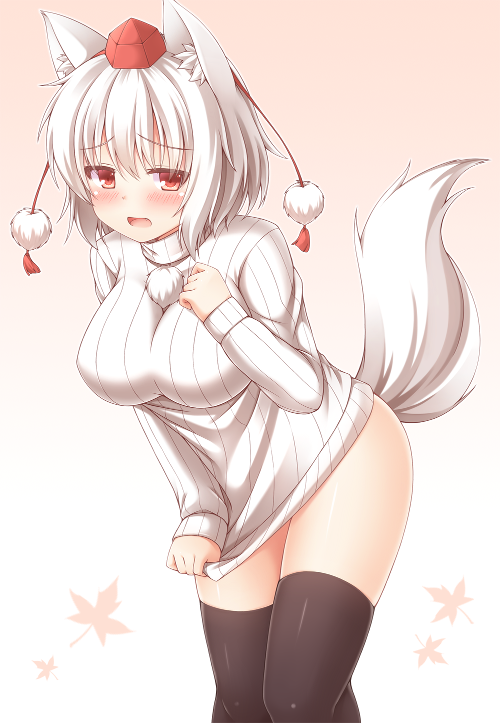alternate_costume animal_ears black_legwear blush breasts hat highres inubashiri_momiji large_breasts looking_at_viewer naked_sweater no_pants open_mouth red_eyes ribbed_sweater short_hair solo sweater tail thighhighs tokin_hat touhou white_hair wolf_ears wolf_tail yuu_(yu0221f)