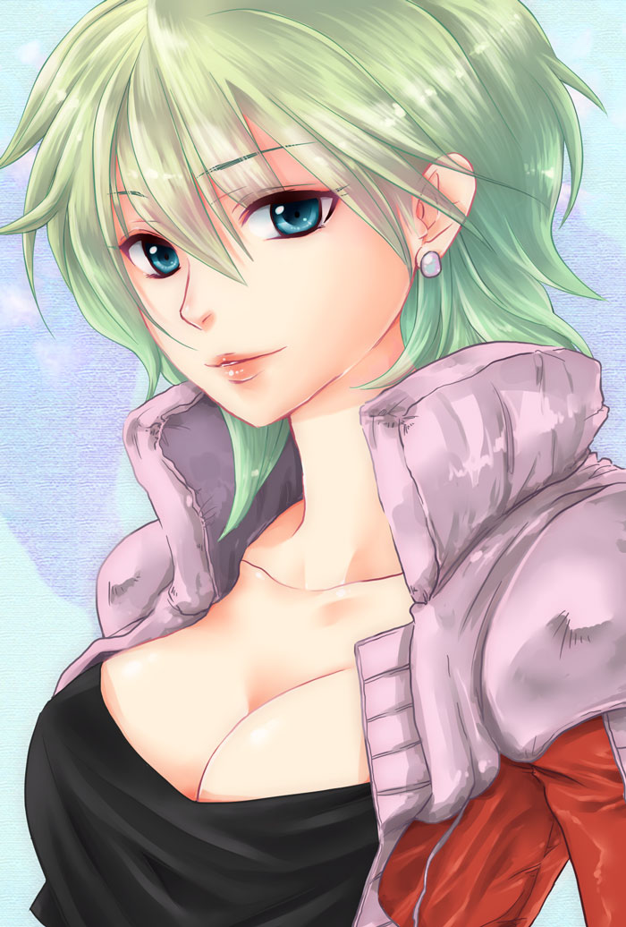 aina_saharin blue_eyes breasts cleavage earrings green_hair gundam gundam_08th_ms_team jewelry masaki3 pilot_suit short_hair