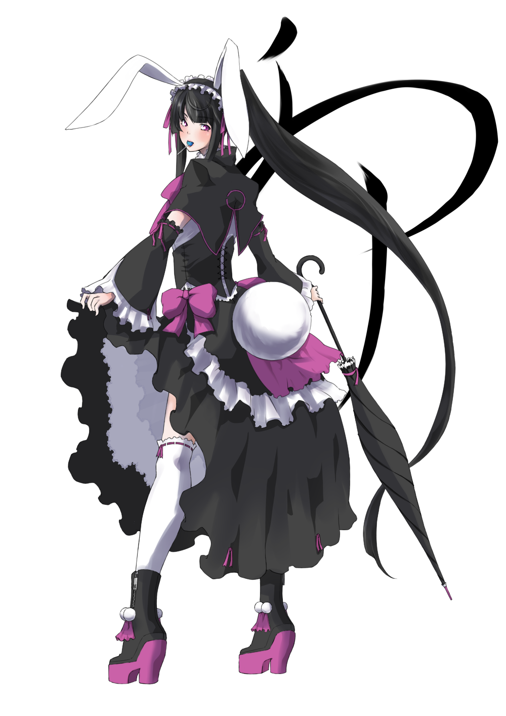 animal_ears black_hair boots bunny_ears bunny_tail candy closed_umbrella detached_sleeves dress food frills hairband high_heels highres lollipop long_hair looking_at_viewer original parasol petticoat simple_background solo tail tumekui umbrella very_long_hair