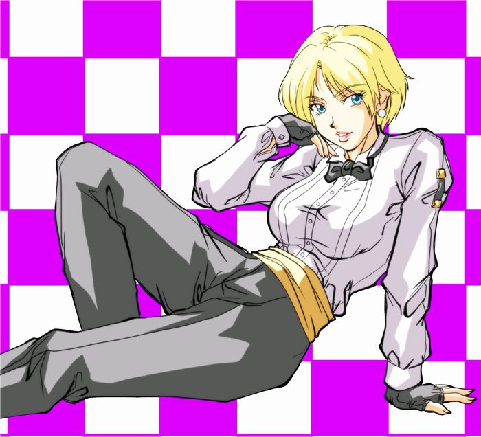 arm_support bad_id bad_pixiv_id bangs black_pants blonde_hair blue_eyes bow bowtie checkered checkered_background earrings fingerless_gloves formal gloves jewelry king_(snk) long_sleeves mitake830 pant_suit pants parted_bangs parted_lips ryuuko_no_ken short_hair sitting solo suit the_king_of_fighters