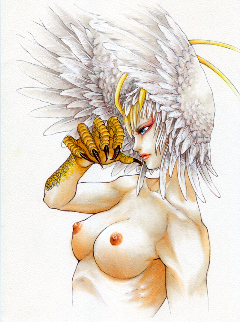 antennae blue_eyes breasts claws devilman feather_hair feathered_wings feathers harpy head_wings large_breasts lips monster_girl nipples nude siren_(devilman) solo traditional_media upper_body white_hair white_wings wings yako723