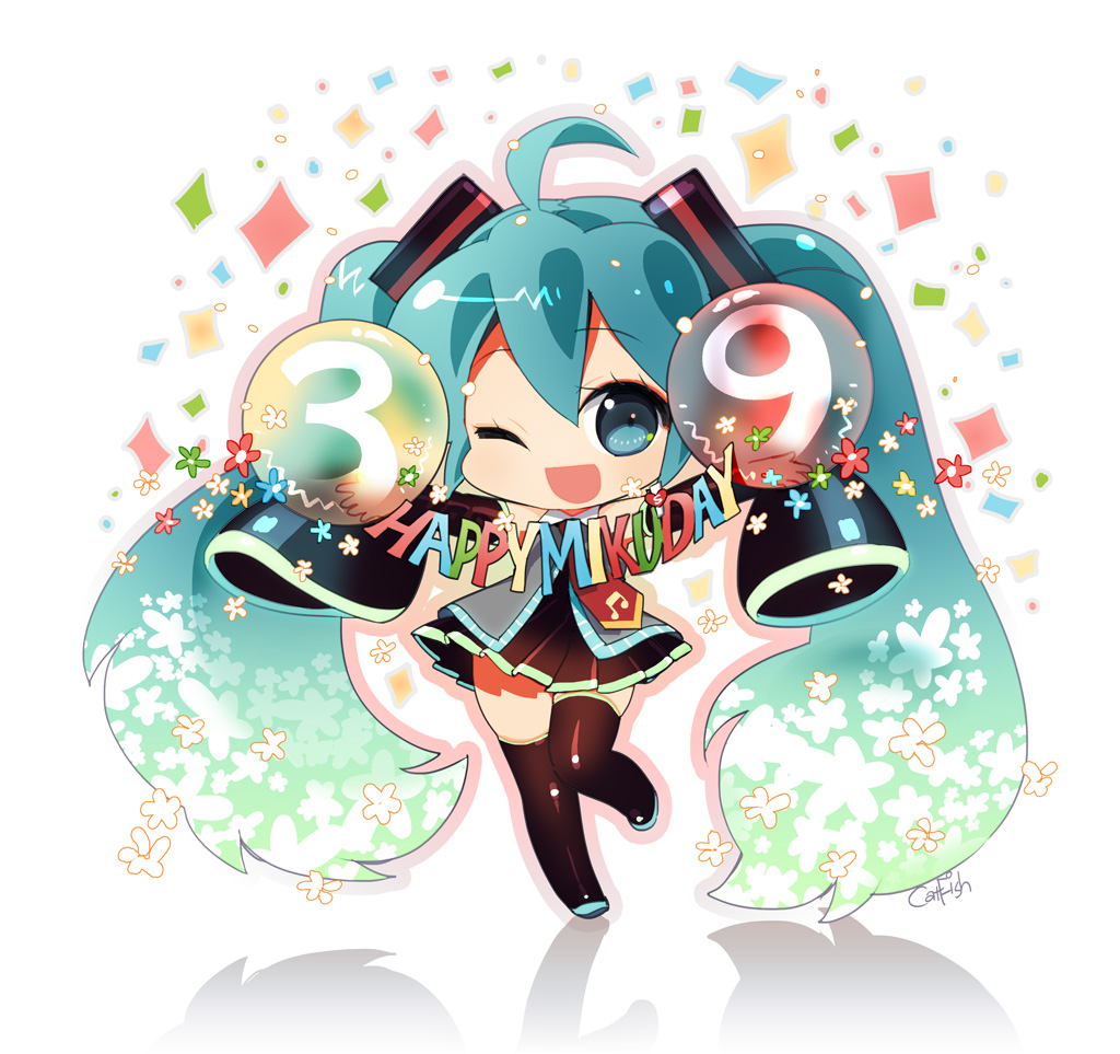 39 ahoge aqua_eyes aqua_hair artist_name beamed_eighth_notes chibi detached_sleeves full_body green_hair hatsune_miku long_hair mao_yu musical_note necktie one_eye_closed open_mouth revision skirt sleeves_past_wrists solo standing standing_on_one_leg thighhighs twintails very_long_hair vocaloid