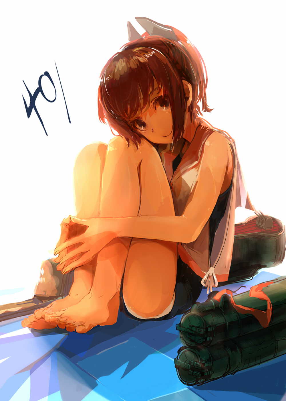 aa_gun bare_shoulders barefoot blush brown_eyes brown_hair custom_(cus-tom) head_tilt highres i-401_(kantai_collection) kantai_collection knees_to_chest leg_hug legs_together looking_at_viewer one-piece_swimsuit ponytail sailor_collar school_swimsuit school_uniform short_hair short_ponytail sitting smile solo steepled_fingers swimsuit torpedo tube