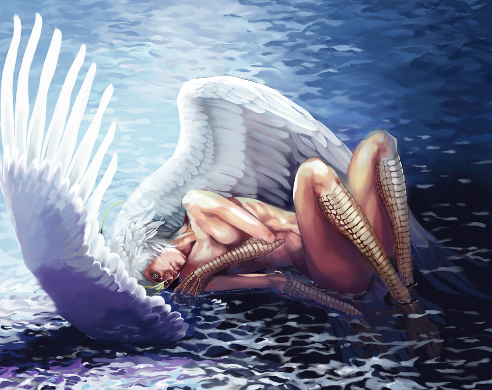 antennae breasts claws devilman feather_hair feathered_wings feathers harpy head_wings linkex medium_breasts monster_girl nude partially_submerged siren_(devilman) solo water white_hair white_wings wings