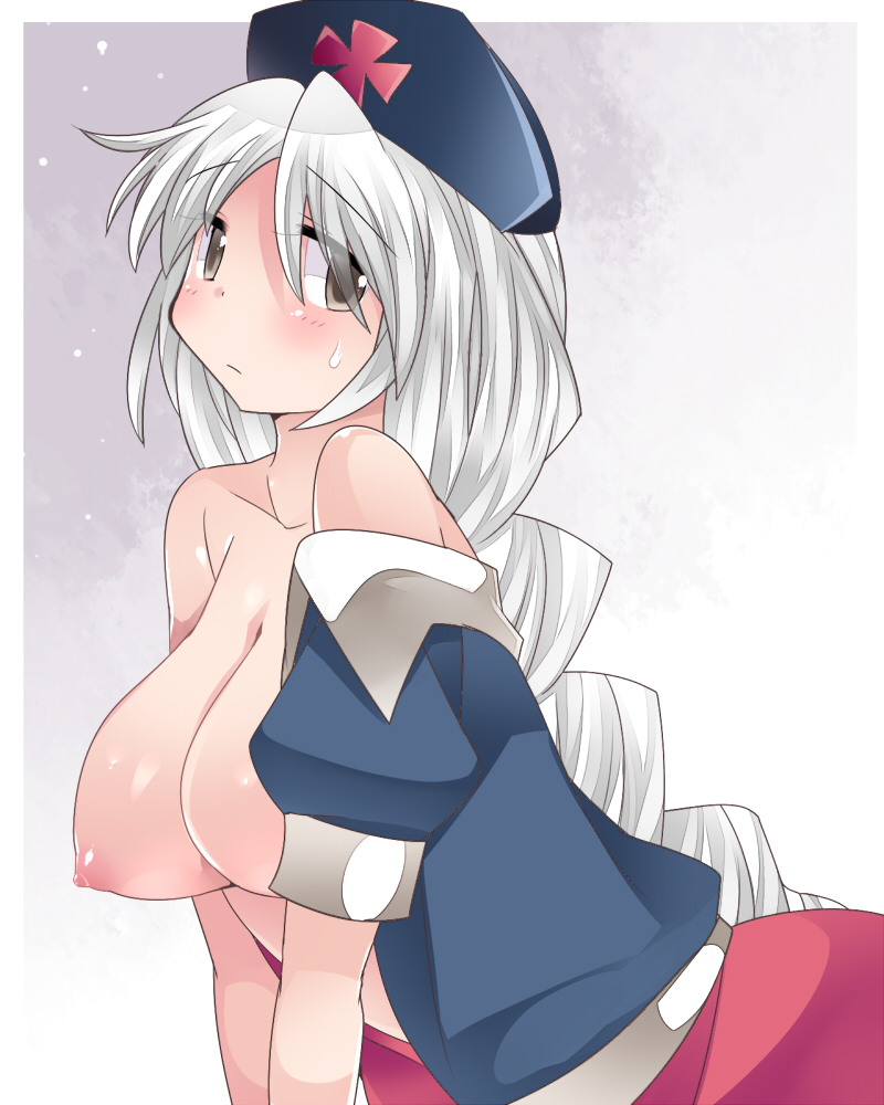 areolae braid breasts brown_eyes collarbone commentary_request gradient gradient_background grey_eyes hammer_(sunset_beach) hat large_breasts long_braid long_hair looking_at_viewer nipples no_bra off_shoulder open_clothes open_shirt shirt short_sleeves silver_hair simple_background single_braid skirt solo sweatdrop touhou v_arms very_long_hair yagokoro_eirin