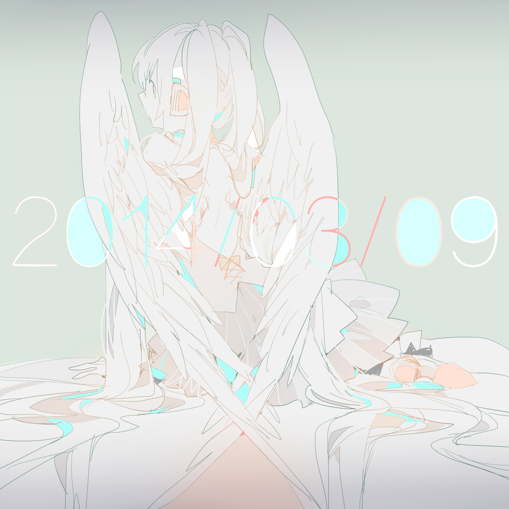 39 2014 angel_wings dated grey_eyes grey_hair hatsune_miku headset long_hair rella twintails vocaloid wings