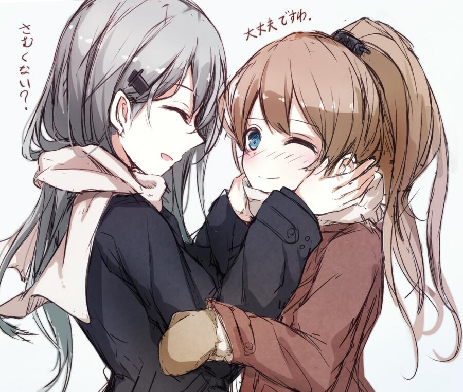 ^_^ berukko blue_eyes brown_hair closed_eyes grey_hair hair_ornament hairclip hands_on_another's_face jacket kantai_collection kumano_(kantai_collection) multiple_girls one_eye_closed open_mouth ponytail scarf smile suzuya_(kantai_collection) translated yuri