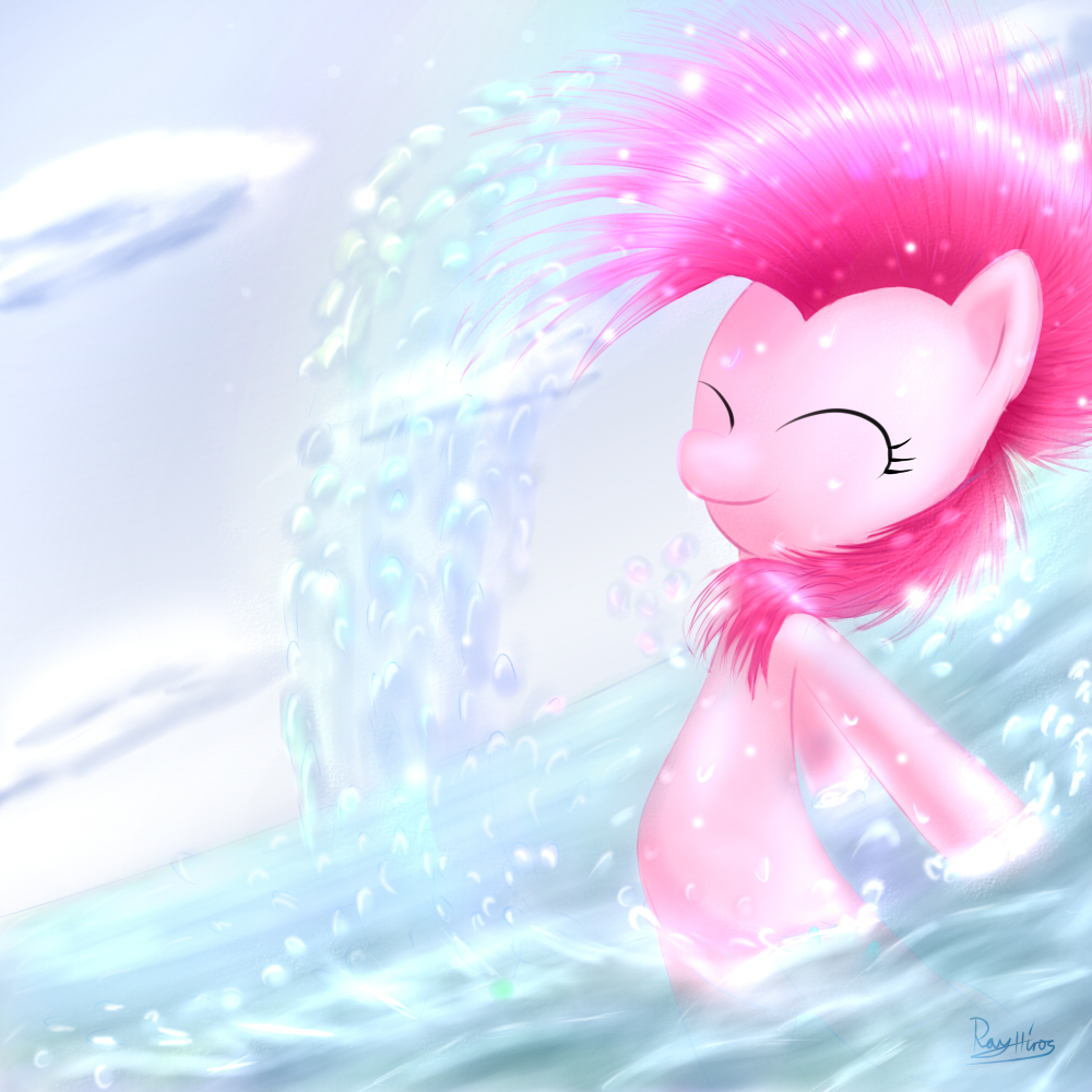 equine eyes_closed female friendship_is_magic fur hair horse mammal my_little_pony pink_fur pink_hair pinkie_pie_(mlp) pony rayhiros signature sky smile solo water wet wet_hair