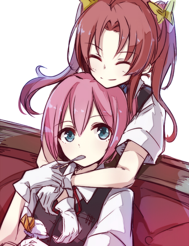 ^_^ berukko blue_eyes brown_hair closed_eyes dress_shirt gloves hair_ribbon hug hug_from_behind kagerou_(kantai_collection) kantai_collection long_hair multiple_girls pink_eyes pointy_ears ribbon school_uniform shiranui_(kantai_collection) shirt short_sleeves spoon spoon_in_mouth twintails upper_body vest white_gloves