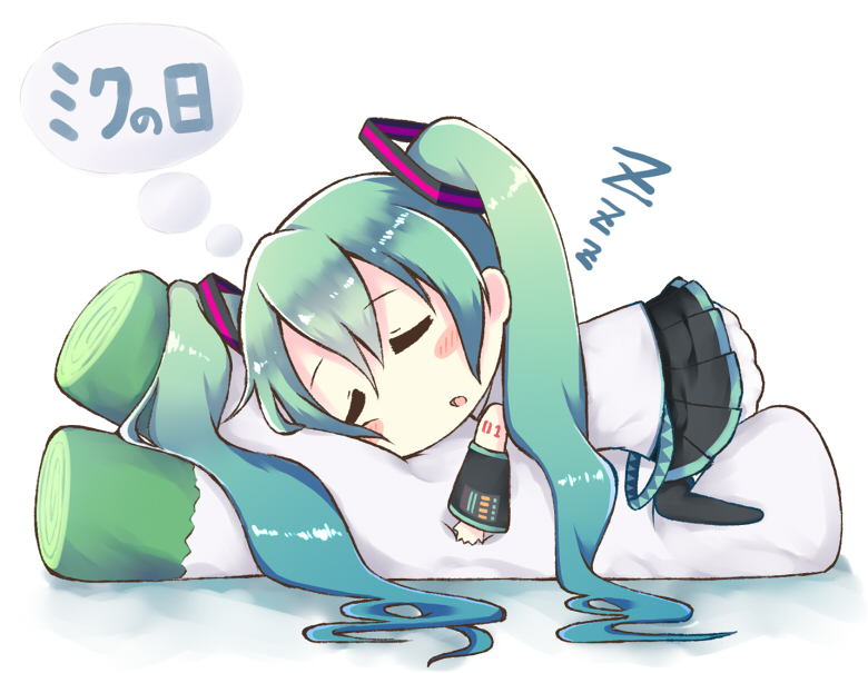 39 character_name chibi detached_sleeves green_hair hatsune_miku kurono_nekomaru long_hair lying on_stomach skirt sleeping solo spring_onion thighhighs twintails very_long_hair vocaloid