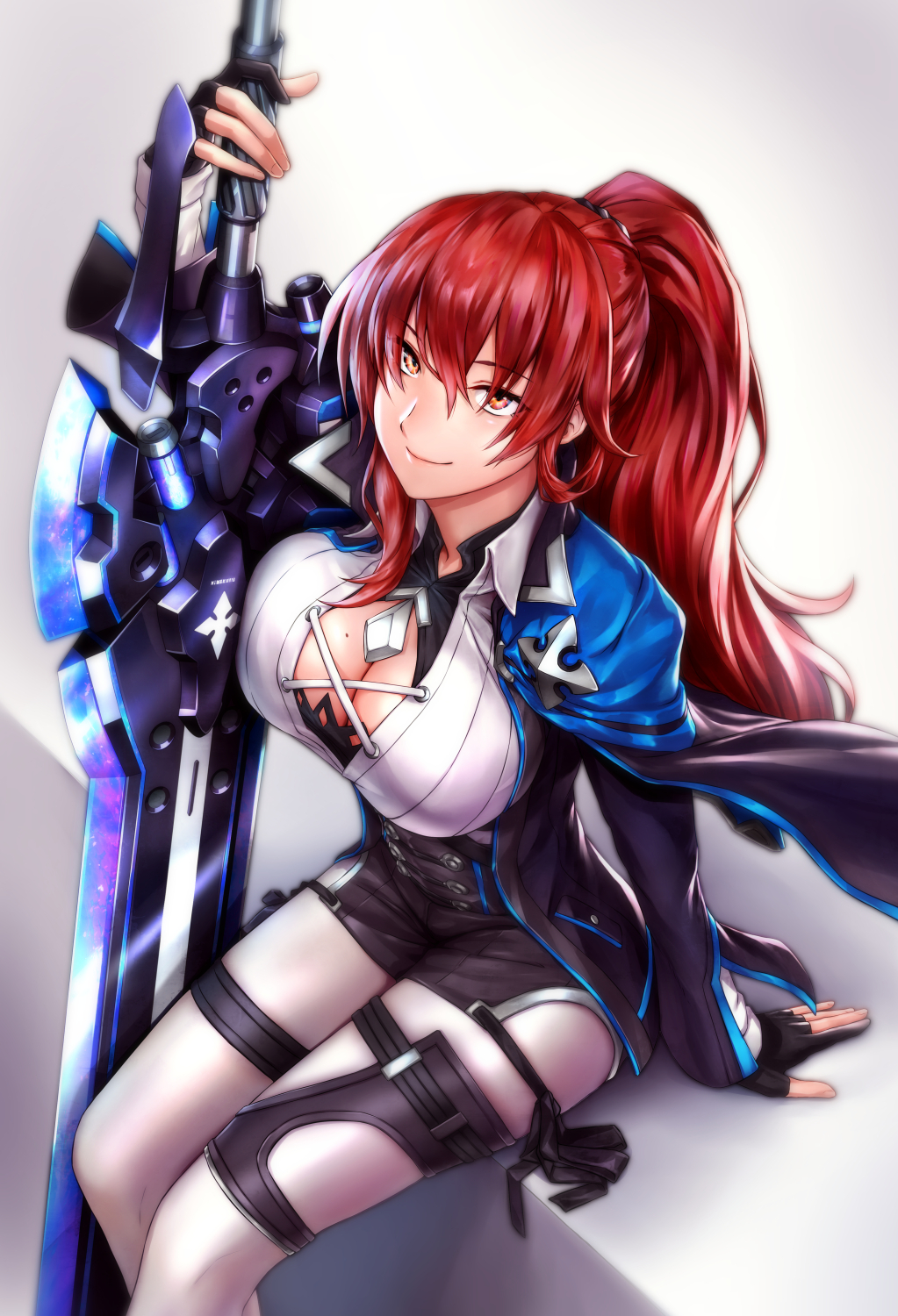 1girl arctic_kriegsmesser arm_support bangs belt black_coat black_gloves blue_cape breasts brown_eyes cape claymore_(sword) cleavage cleavage_cutout coat collared_shirt eyebrows_visible_through_hair gloves hair_between_eyes highres holding holding_sword holding_weapon honkai_(series) honkai_impact_3 hrungnir large_breasts long_hair looking_at_viewer mole mole_on_breast murata_himeko open_clothes partly_fingerless_gloves ponytail red_hair shinachiku_(uno0101) shirt side-tie_shorts sidelocks sitting skindentation snow sword taut_clothes thigh_strap weapon white_legwear