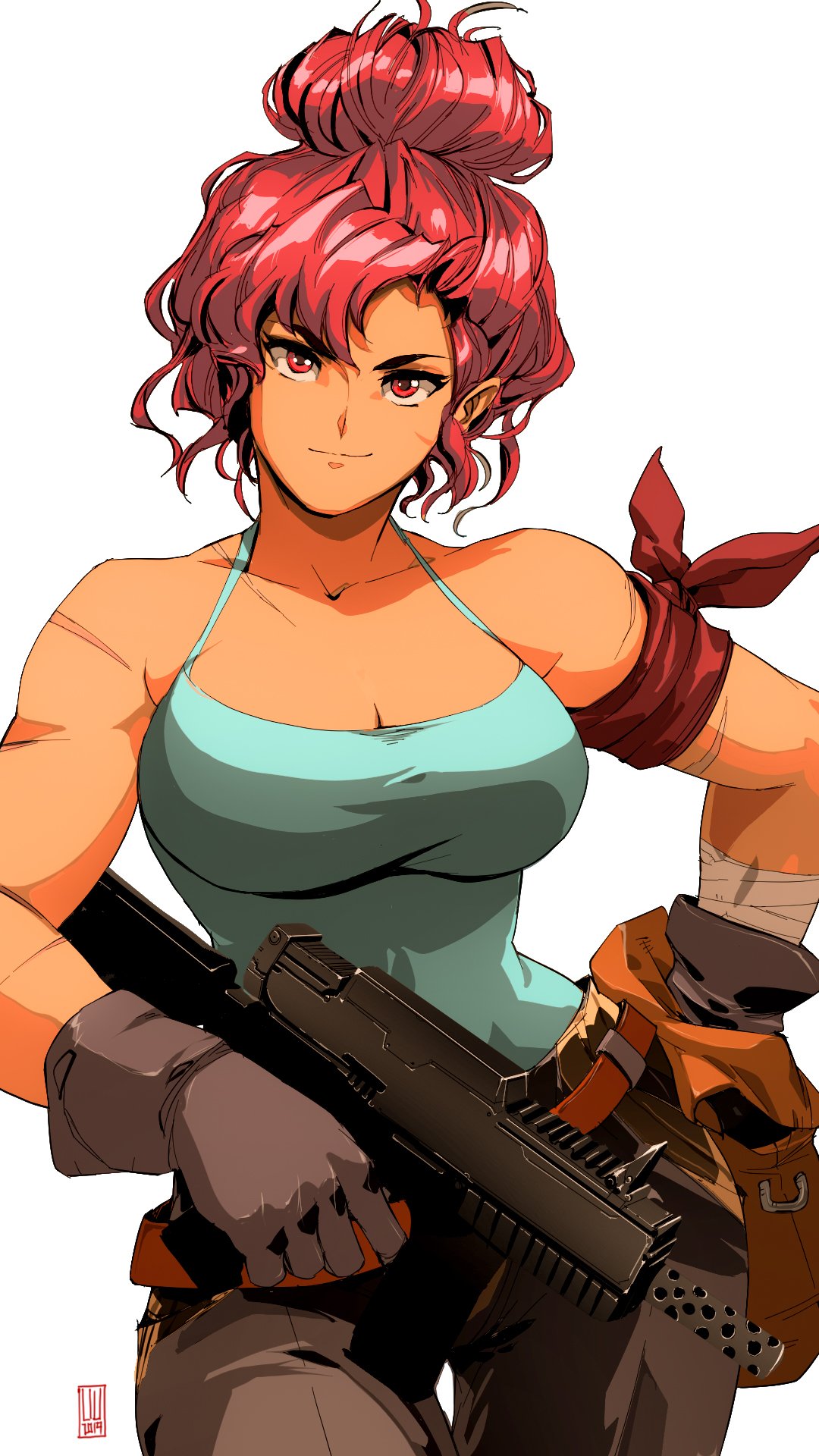 1girl 90s armband bare_shoulders belt_pouch breasts camisole cleavage colorized commentary curvy dark_skin david_liu english_commentary eyebrows gun hair_bun hand_on_hip head_tilt highres holding holding_gun holding_weapon large_breasts light_smile looking_at_viewer maria_(space_maria) pants pouch red_eyes red_hair revision scar short_hair smile solo space_maria submachine_gun thigh_gap toned updo weapon white_background wide_hips
