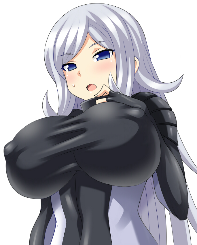 aila_jyrkiainen blue_eyes bodysuit breasts covered_nipples gundam gundam_build_fighters huge_breasts konno_tohiro long_hair silver_hair simple_background solo sweatdrop very_long_hair white_background