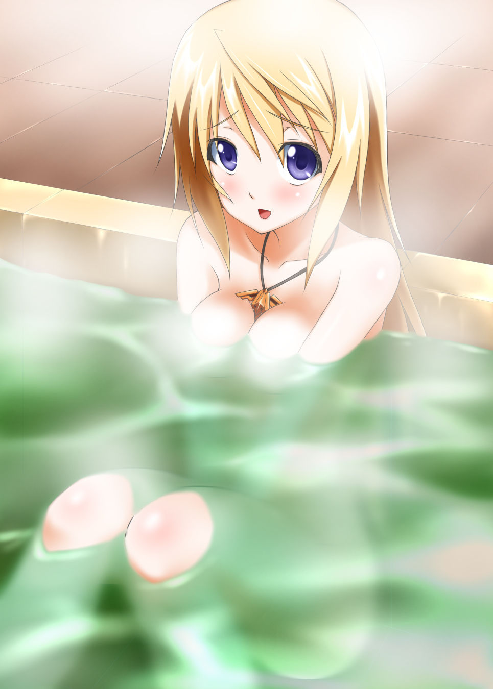 :d bathing bathtub blonde_hair breasts charlotte_dunois cleavage highres infinite_stratos jewelry knees_up long_hair looking_at_viewer medium_breasts necklace open_mouth partially_submerged purple_eyes smile steam sumeragi_tomo