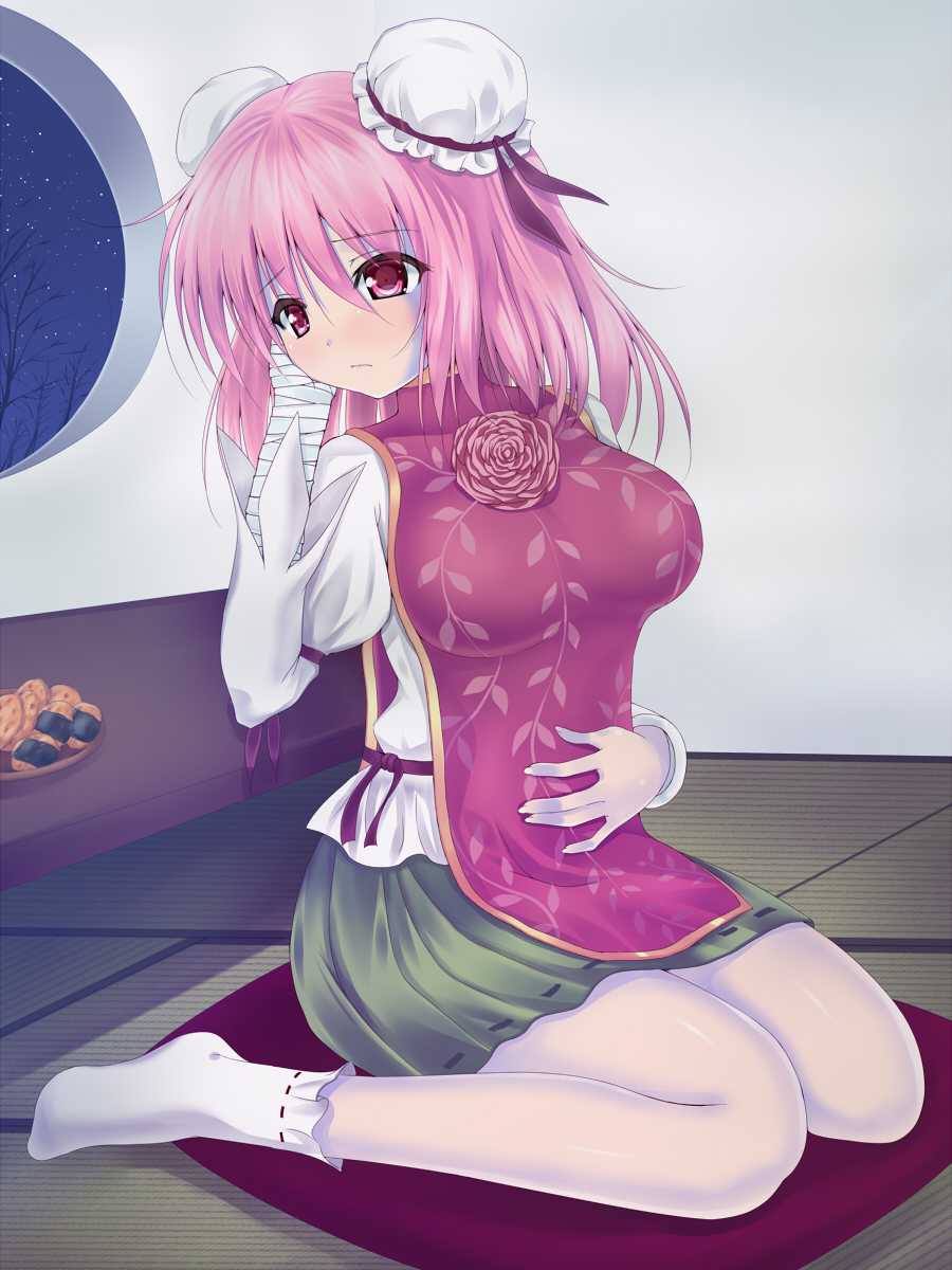ahoge bandages blush bored bowl breasts bun_cover chain cuffs double_bun flower food hand_on_own_stomach head_rest highres ibaraki_kasen large_breasts night pink_eyes pink_hair senbei short_hair skirt sky solo star_(sky) starry_sky tabard touhou u2_(5798239)