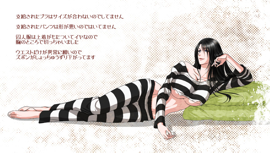 1girl akemi_(wkd4496cxc) bangs barefoot black_hair blue_eyes breasts cleavage collarbone copyright_request feet female fingernails full_body hair_between_eyes hands hips huge_breasts large_breasts legs lips long_hair long_image long_sleeves looking_away lowleg lying midriff mound_of_venus off_shoulder on_side pants pixiv pixiv_no_ankokugai prison_clothes sandra_(pixiv_no_ankokugai) shadow shirt sleeves_rolled_up smile solo striped striped_pants striped_shirt text toes torn_clothes translation_request underboob wide_image