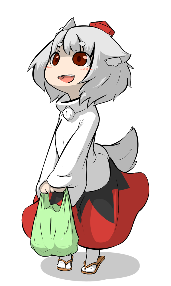 :d animal_ears bad_id bad_pixiv_id bag blush full_body hat inubashiri_momiji inunoko. long_sleeves looking_at_another open_mouth pom_pom_(clothes) red_eyes sandals shopping_bag short_hair silver_hair simple_background smile solo standing tabi tail tiptoes tokin_hat touhou v_arms white_background wolf_ears wolf_tail