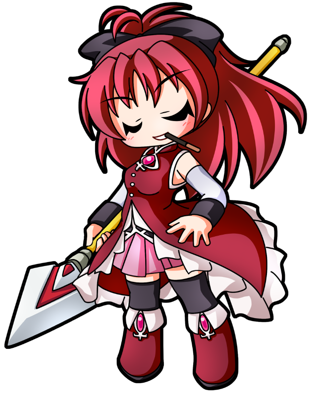 black_bow bow chibi detached_sleeves dress eating food full_body hair_bow lance long_hair magical_girl mahou_shoujo_madoka_magica mouth_hold pocky polearm red_dress red_eyes red_hair sakura_kyouko shinjitsu spear thighhighs transparent_background very_long_hair weapon