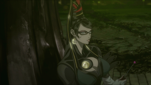1girl animated animated_gif bayonetta bayonetta:_bloody_fate bayonetta_(character) black_hair breasts candy elbow_gloves glasses gloves lollipop long_hair lowres