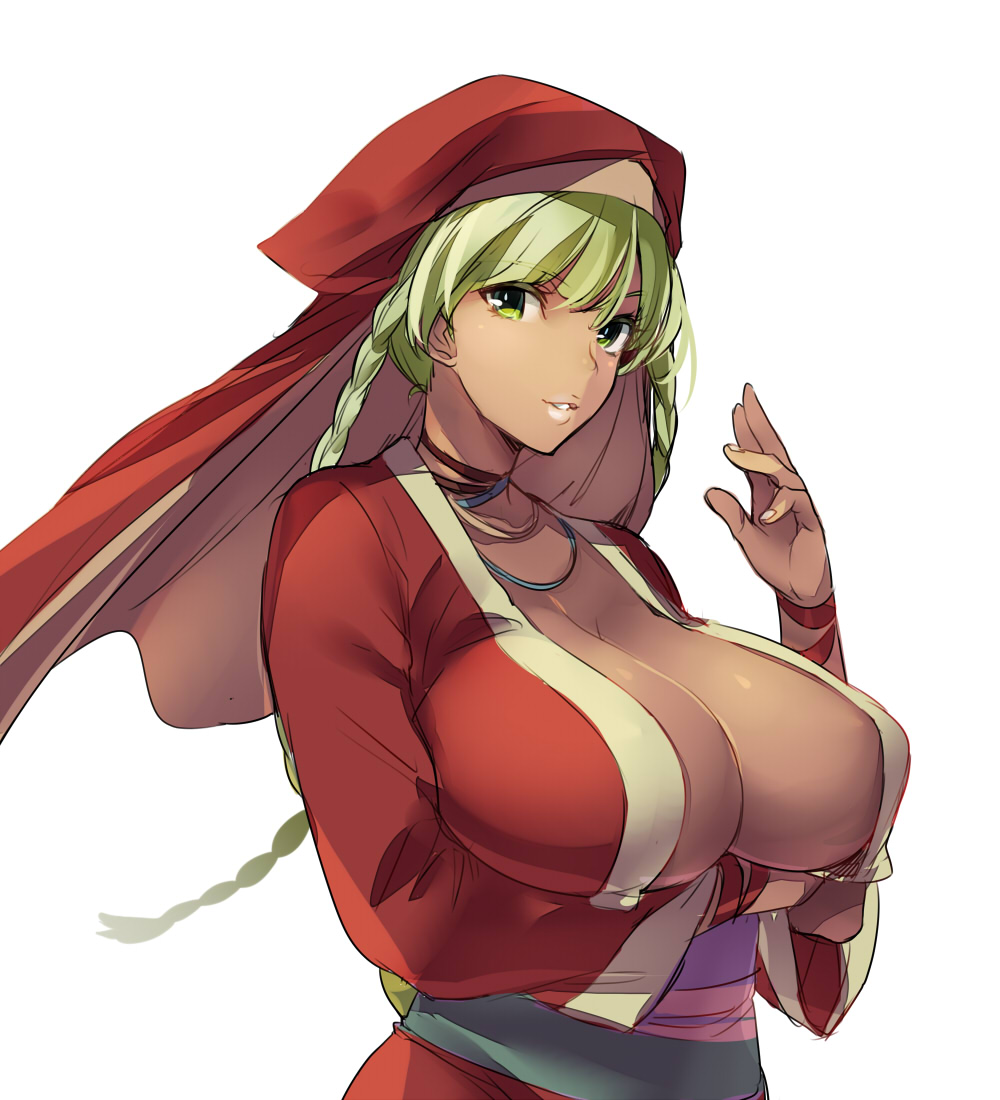 areola_slip areolae blonde_hair braid breast_hold breasts cleavage crossed_arms dark_skin headdress huge_breasts jewelry lips long_hair mature melike naso4 necklace no_bra street_fighter street_fighter_iv_(series) twin_braids yellow_eyes