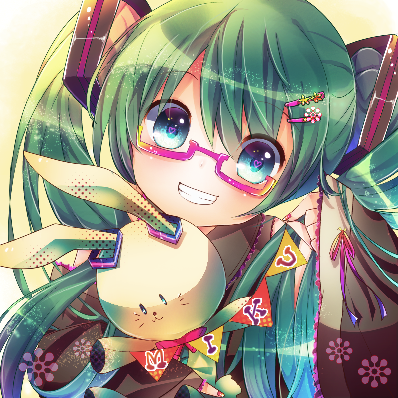 aqua_eyes bespectacled bunny character_name glasses green_hair grin hair_ornament hairclip hatsune_miku heart heart-shaped_pupils long_hair mizuno_eru smile solo stuffed_animal stuffed_bunny stuffed_toy symbol-shaped_pupils twintails vocaloid