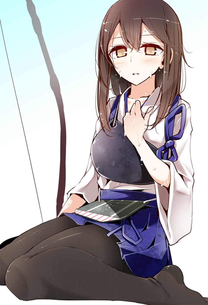 archery bad_id bad_pixiv_id black_legwear blush bow_(weapon) brown_eyes brown_hair feet highres japanese_clothes kaga_(kantai_collection) kantai_collection kyuudou long_hair muneate oouso open_mouth pantyhose side_ponytail sitting skirt solo sweat wariza weapon