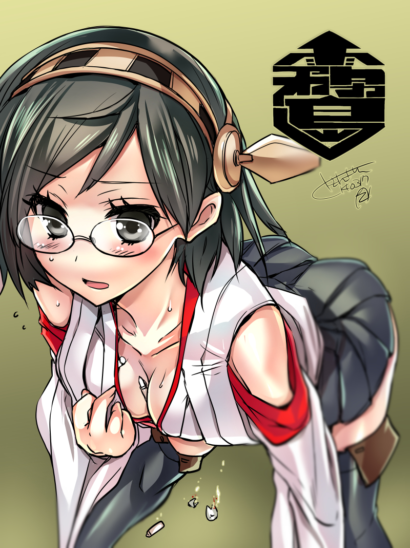 bad_id bad_pixiv_id black_eyes black_hair blood blush breasts bullet cleavage collarbone glasses hair_ornament hairband kantai_collection kirishima_(kantai_collection) medium_breasts nontraditional_miko open_mouth short_hair skirt solo thighhighs tokita_monta tooth