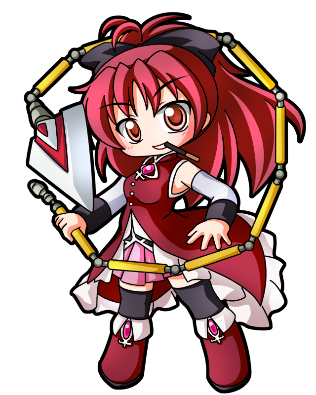 brooch chibi detached_sleeves dress food gem jewelry long_sleeves looking_at_viewer magical_girl mahou_shoujo_madoka_magica mouth_hold parted_lips pocky polearm red_dress red_eyes red_hair sakura_kyouko shinjitsu spear thighhighs transparent_background weapon wristband
