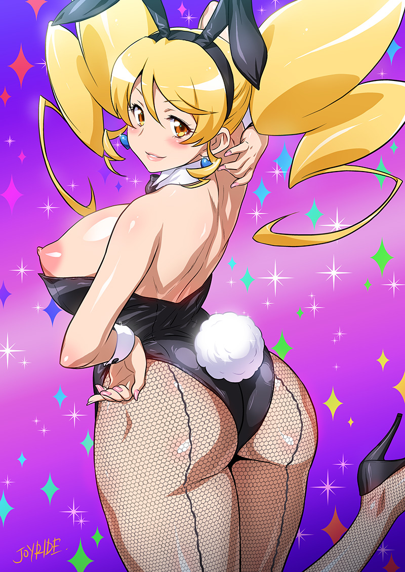 animal_ears arm_up ass back-seamed_legwear blonde_hair blush breasts bunny_ears bunny_tail bunnysuit cure_honey earrings fake_animal_ears fishnet_pantyhose fishnets from_behind hand_on_hip happinesscharge_precure! heart heart_earrings high_heels jewelry joy_ride large_breasts leg_up long_hair looking_at_viewer looking_back nail_polish nipples oomori_yuuko pantyhose precure seamed_legwear shiny shiny_skin smile solo sparkle tail twintails wrist_cuffs yellow_eyes