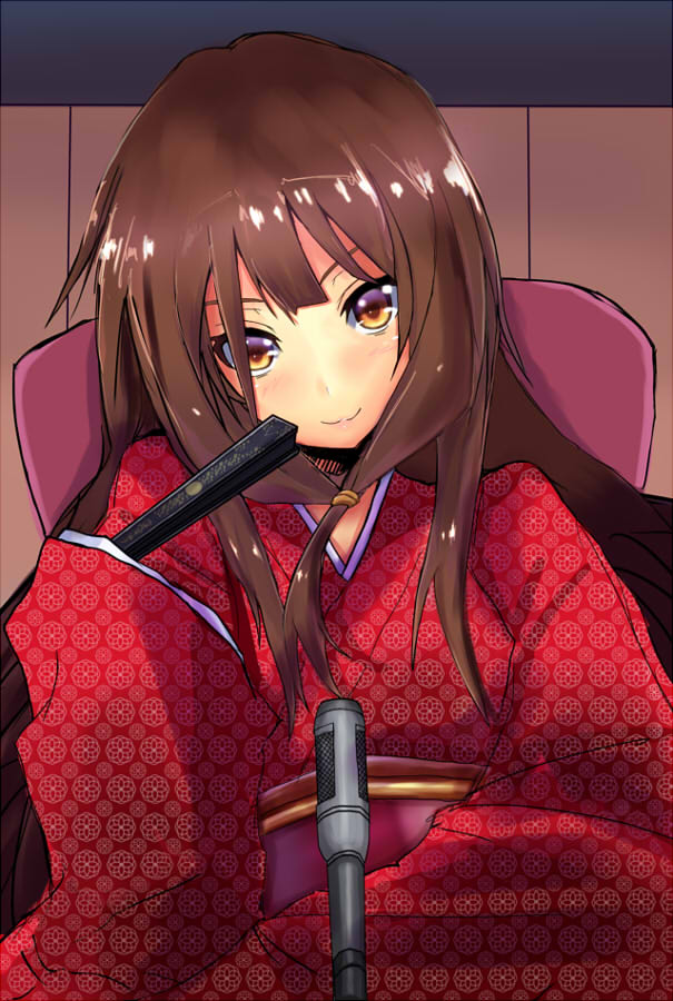 bad_id bad_pixiv_id brown_eyes brown_hair fan folding_fan japanese_clothes kimono koie_yotsumu long_hair looking_at_viewer microphone mihirogi_uta obi saki saki_achiga-hen sash sitting smile solo