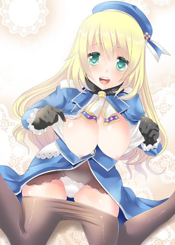 ascot atago_(kantai_collection) blonde_hair blush breasts gloves green_eyes hat kantai_collection large_breasts long_hair maki_(seventh_heaven_maxion) military military_uniform nipples open_mouth panties pantyhose solo underwear uniform white_panties