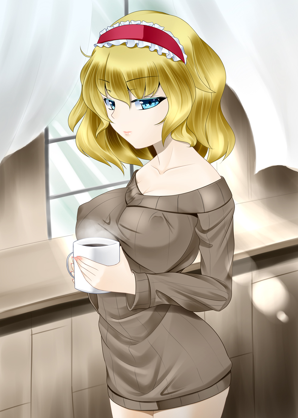 alice_margatroid bangs blonde_hair blue_eyes breasts cleavage coffee coffee_mug collarbone colored_eyelashes covered_nipples cowboy_shot cup curtains eyebrows_visible_through_hair fingernails frilled_hairband frills from_side hairband highres holding holding_cup indoors large_breasts light lips long_sleeves looking_at_viewer looking_to_the_side marl35 mug nail_polish naked_sweater pink_lips pink_nails ribbed_sweater shiny shiny_hair short_hair smile solo steam sweater thighs touhou window