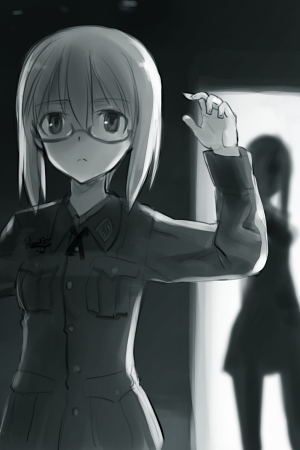arms_up commentary_request glasses lowres military military_uniform monochrome multiple_girls older shimada_fumikane short_hair silhouette strike_witches uniform ursula_hartmann world_witches_series
