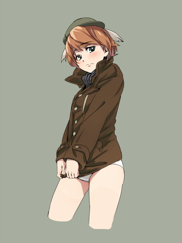 animal_ears aqua_eyes blush covering covering_crotch dog_ears hat isabelle_du_monceau_de_bergendal jacket looking_at_viewer no_pants noble_witches orange_hair panties short_hair sleeves_past_wrists solo underwear uno_ichi white_panties world_witches_series