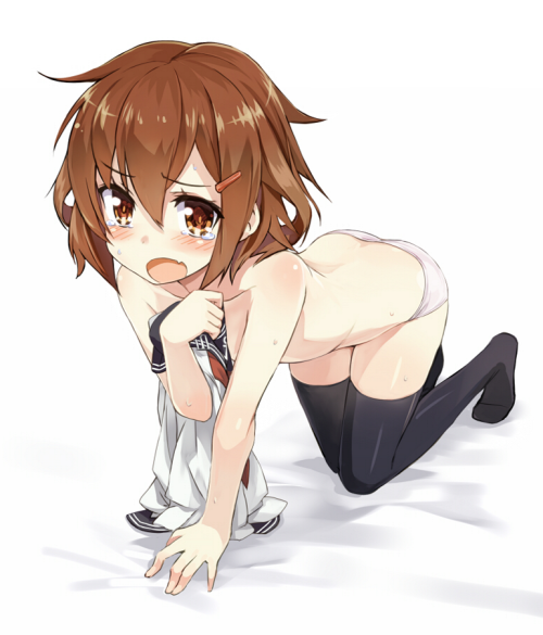 all_fours amagai_tarou animated animated_png black_legwear blush brown_eyes brown_hair collarbone covering covering_breasts covering_chest dress dress_removed fang hair_ornament hairclip holding ikazuchi_(kantai_collection) kantai_collection kaze_(kazesan) no_pants open_mouth panties school_uniform serafuku shaking_head short_hair solo sweat tears thighhighs topless underwear white_panties