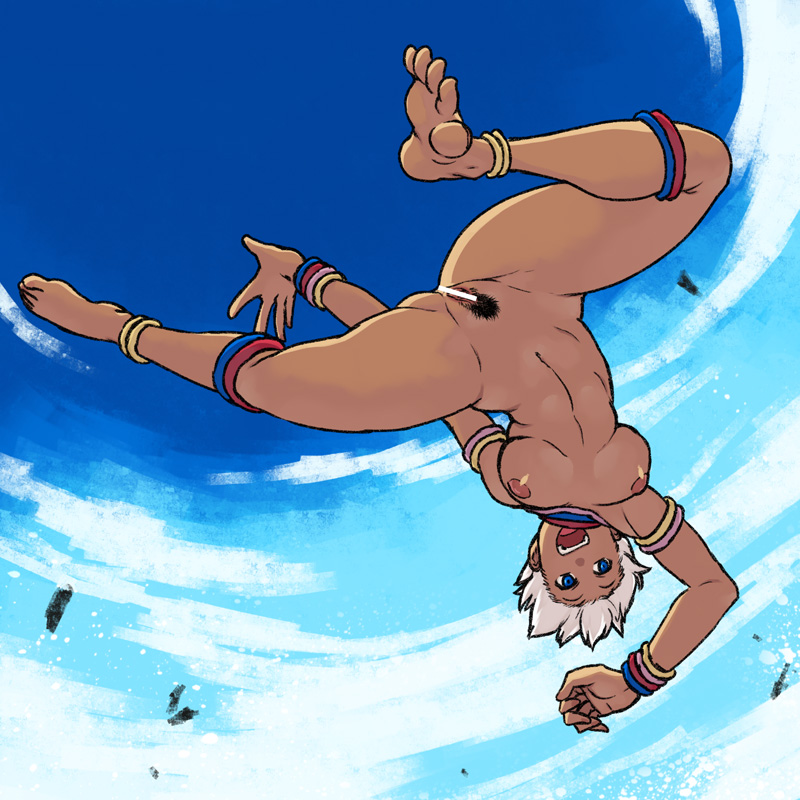 anklet armlet bar_censor barefoot blue_eyes blue_sky bracelet breasts censored dark_nipples dark_skin day elena_(street_fighter) grey_hair jewelry large_breasts neck_ring nipples open_mouth pubic_hair pussy short_hair silver_hair sky smile soles solo street_fighter toes tsukudani_(coke-buta) upside-down