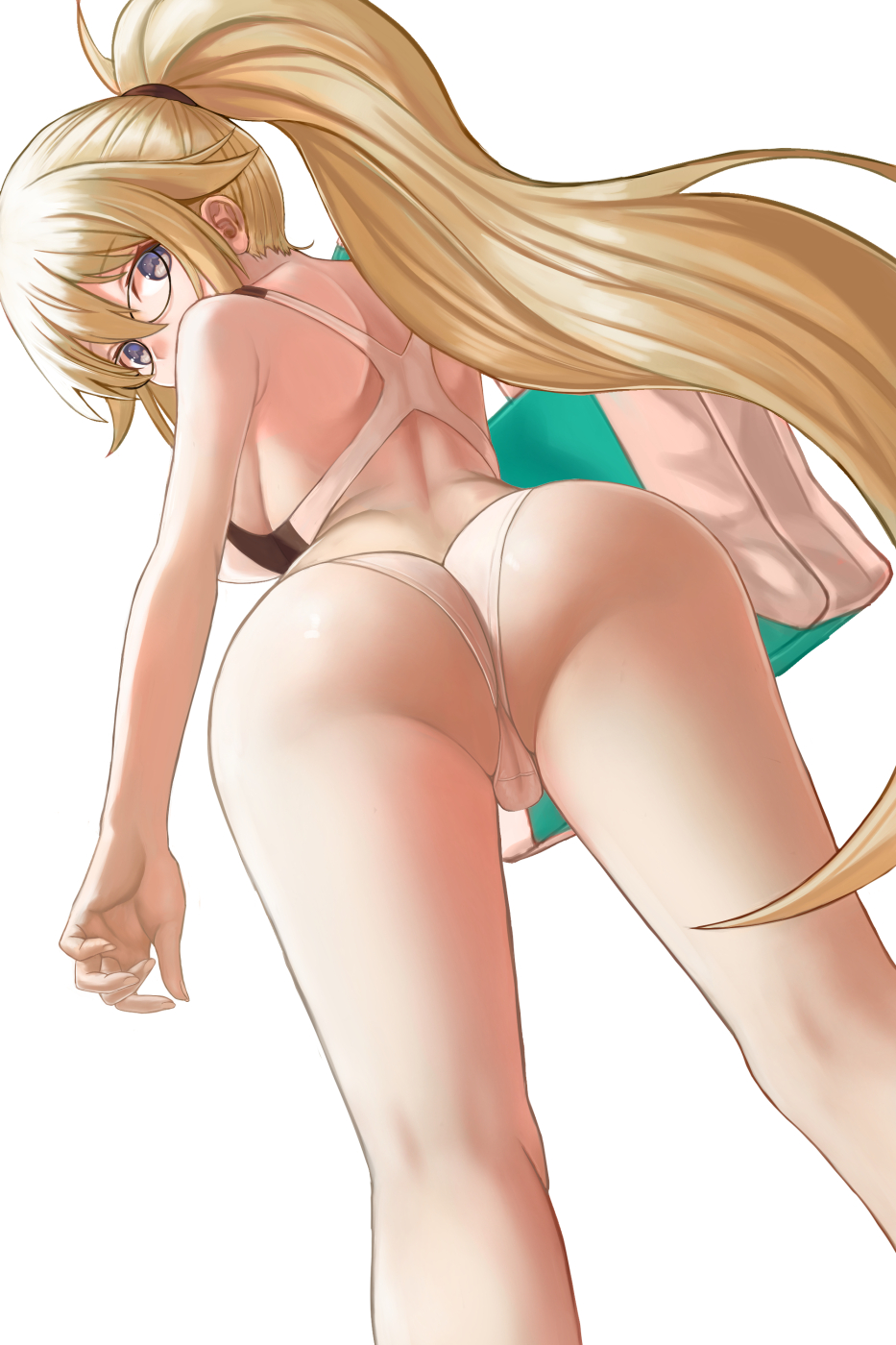 1girl arisku ass black-framed_eyewear blonde_hair cameltoe fate/grand_order fate_(series) glasses highres jeanne_d'arc_(fate)_(all) jeanne_d'arc_(swimsuit_archer) kickboard long_hair looking_at_viewer looking_back ponytail purple_eyes simple_background solo swimsuit white_background white_swimsuit