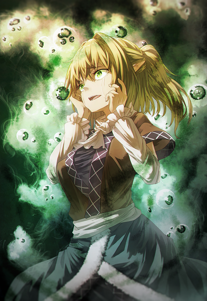 arm_warmers bad_id bad_pixiv_id blonde_hair green_eyes highres ibuki_notsu mizuhashi_parsee open_mouth pointy_ears ponytail short_hair solo tears touhou