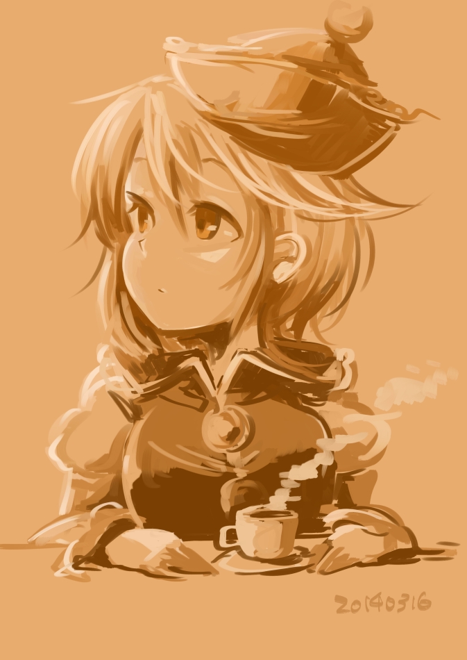 bangs coffee cup dated expressionless hair_between_eyes harusame_(unmei_no_ikasumi) hat long_sleeves looking_afar looking_to_the_side lunasa_prismriver monochrome puffy_long_sleeves puffy_sleeves short_hair sitting solo steam swept_bangs table teacup touhou vest