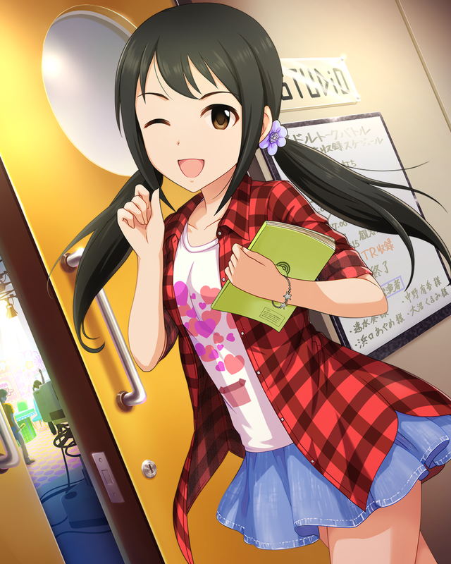 artist_request black_hair blue_skirt bracelet brown_eyes flower hair_flower hair_ornament idolmaster idolmaster_cinderella_girls jewelry nakano_yuka official_art one_eye_closed plaid plaid_shirt shirt skirt sleeves_rolled_up smile star twintails