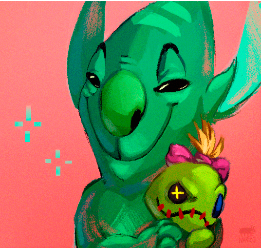 2015 alien animate_inanimate black_eyes bust_portrait button_(fastener) digital_media_(artwork) disney experiment_(species) facial_markings forehead_markings ghost green_body green_nose hair_bow hair_ribbon lilo_and_stitch markings narico phantasmo philtrum pink_background portrait rag_doll ribbons scrump simple_background smile smirk solo spirit watermark