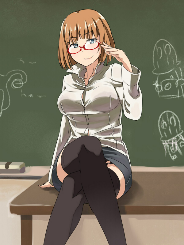 bespectacled blue_eyes brave_witches camera chalkboard classroom cross-section crossed_legs drawing garter_straps glasses gundula_rall looking_at_viewer orange_hair ovaries short_hair sitting ski_mask smile solo teacher thighhighs uno_ichi uterus world_witches_series