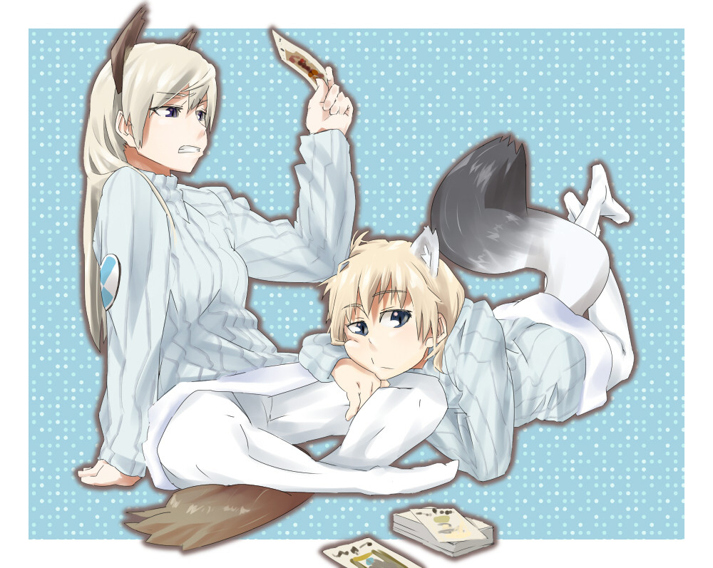 animal_ears blonde_hair blue_eyes brave_witches commentary crossed_legs dog_tail eila_ilmatar_juutilainen grey_eyes looking_at_viewer lying military military_uniform multiple_girls nikka_edvardine_katajainen pantyhose sitting strike_witches tail tarot uniform uno_ichi weasel_ears weasel_tail world_witches_series