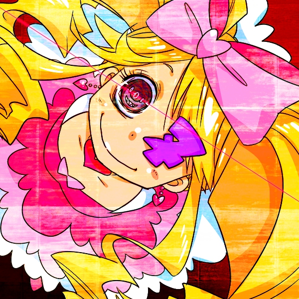 ala_chan amputee blonde_hair bow dress drill_hair earrings eyepatch from_above hair_bow harime_nui heart jewelry kill_la_kill long_hair no_arms pink_bow purple_eyes sharp_teeth smile solo spoilers strapless strapless_dress teeth twin_drills twintails
