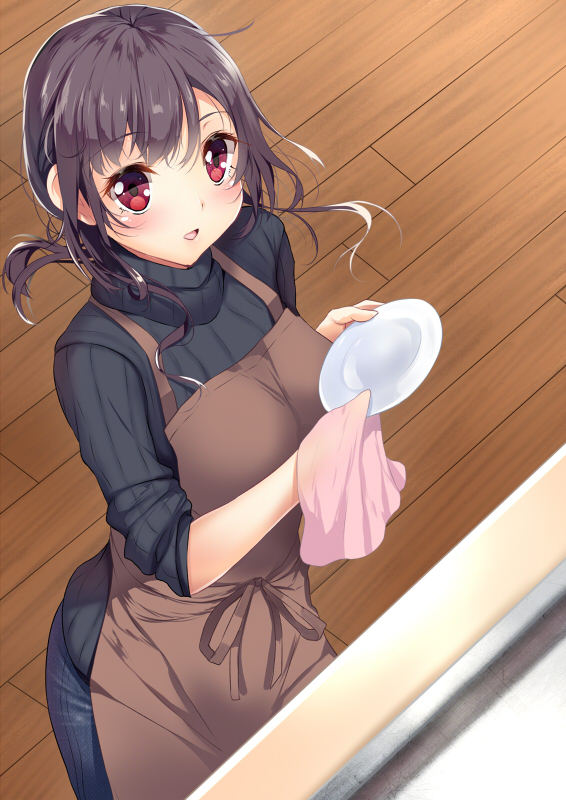 apron bad_id bad_pixiv_id blush brown_hair dishes dishwashing from_above konomi_(yappen) looking_at_viewer original red_eyes ribbed_sweater sleeves_pushed_up solo sweater turtleneck yappen