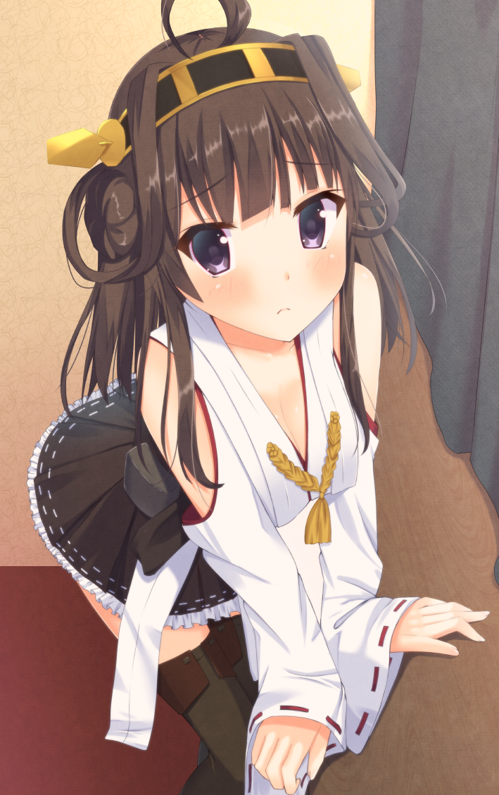 ahoge bare_shoulders breasts brown_hair cleavage detached_sleeves double_bun hairband japanese_clothes kantai_collection kongou_(kantai_collection) long_hair medium_breasts nontraditional_miko skirt solo symfo thighhighs