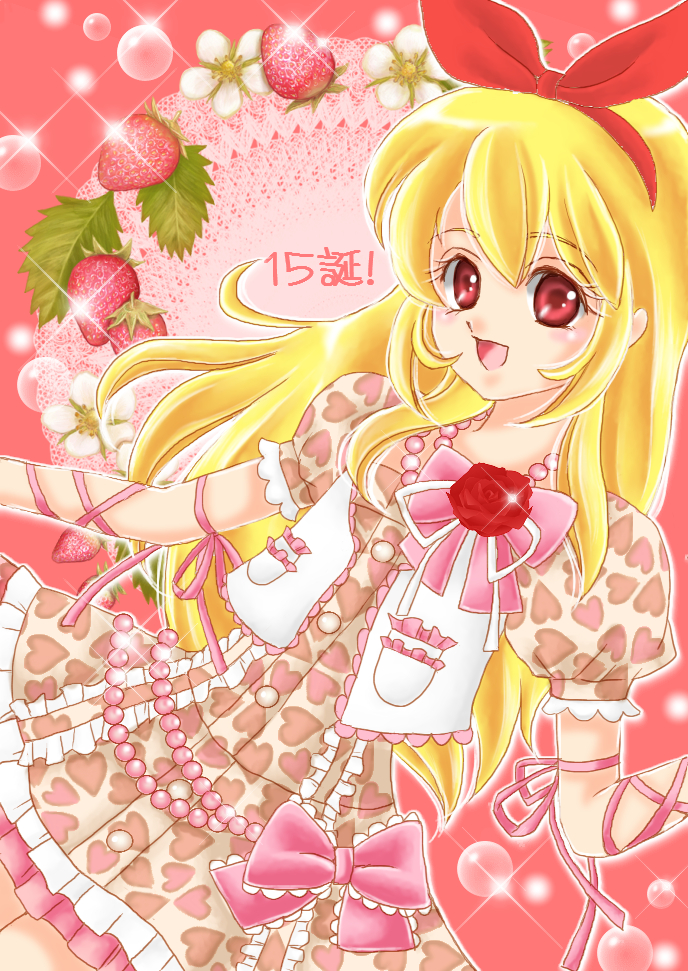 :d aikatsu! aikatsu!_(series) bad_id bad_pixiv_id blonde_hair blush bow dress flower food food_print frilled_dress frills fruit glint hair_ribbon hairband heart heart_print hoshimiya_ichigo leaf long_hair looking_at_viewer number open_mouth pink_background pink_bow plant red_eyes red_flower red_rose ribbon rose short_sleeves smile solo sparkle strawberry strawberry_print tareme