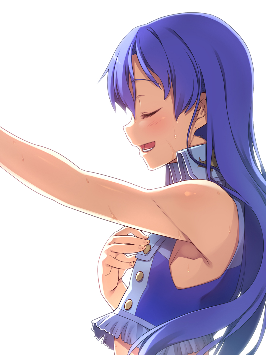 blue_hair closed_eyes flat_chest hand_on_own_chest highres idolmaster idolmaster_(classic) kisaragi_chihaya long_hair open_mouth outstretched_arm profile racer_(magnet) sleeveless solo sweat upper_body white_background
