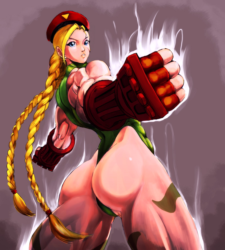 abs ass aura beret blonde_hair blue_eyes braid cammy_white camouflage clenched_hands earrings fingerless_gloves foreshortening from_behind gloves green_leotard hat jewelry leotard long_hair looking_back muscle muscular_female scar shopyun solo street_fighter thick_thighs thighs thong_leotard twin_braids